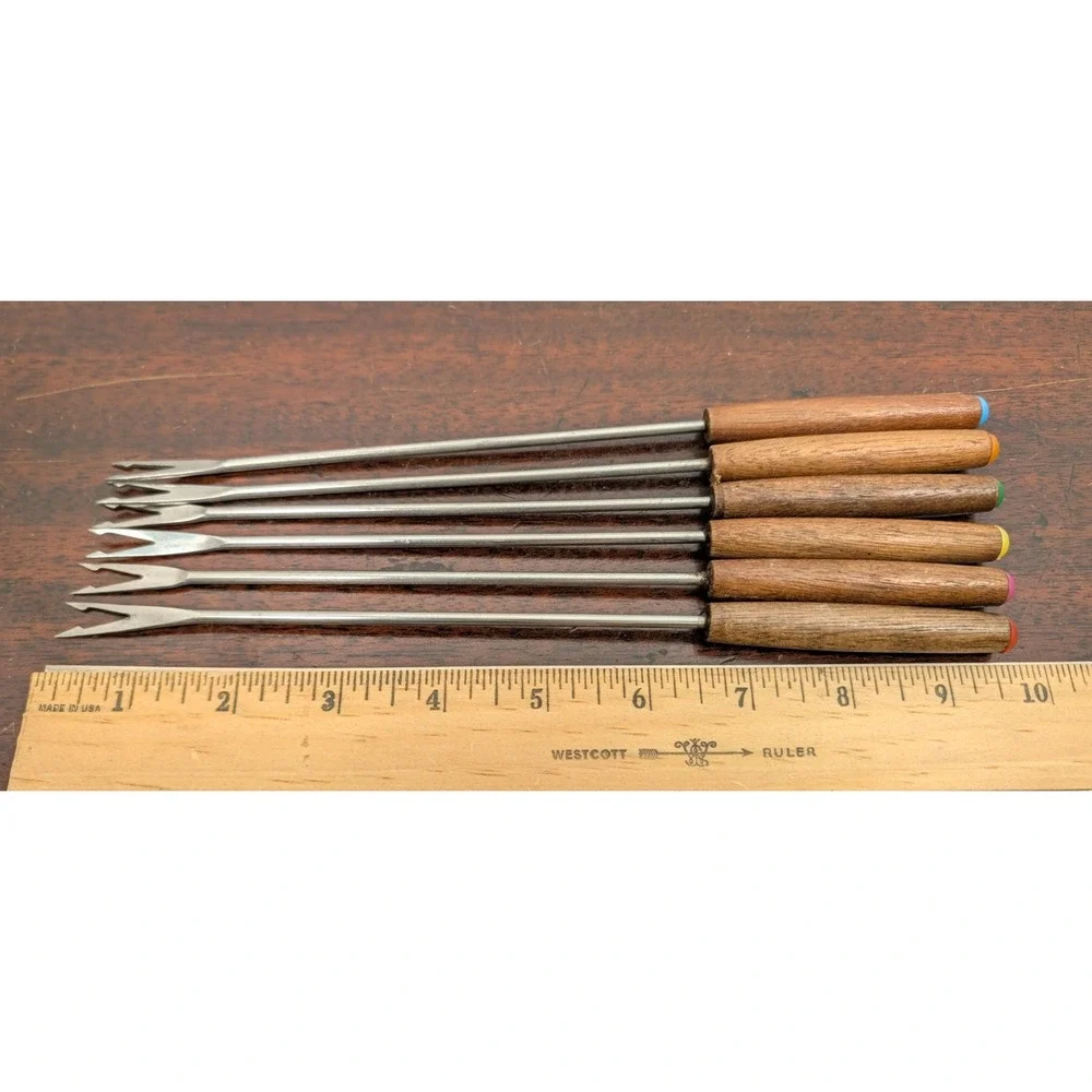 Vintage 1970s Brown Enamel Fondue Pot 6 Color Coded Forks Wood Handles Retro